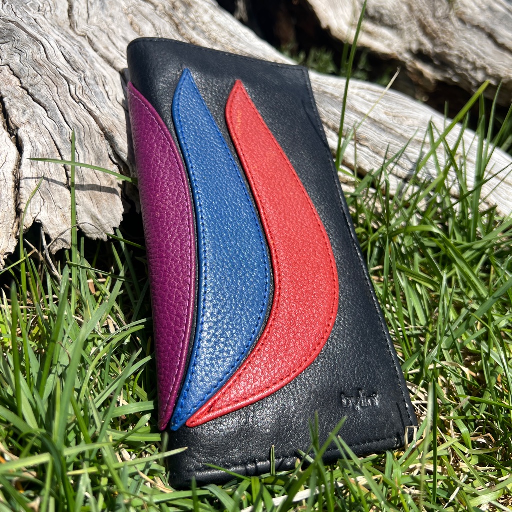 Black Leather Wallet With Red, Blue, And Purple Accents